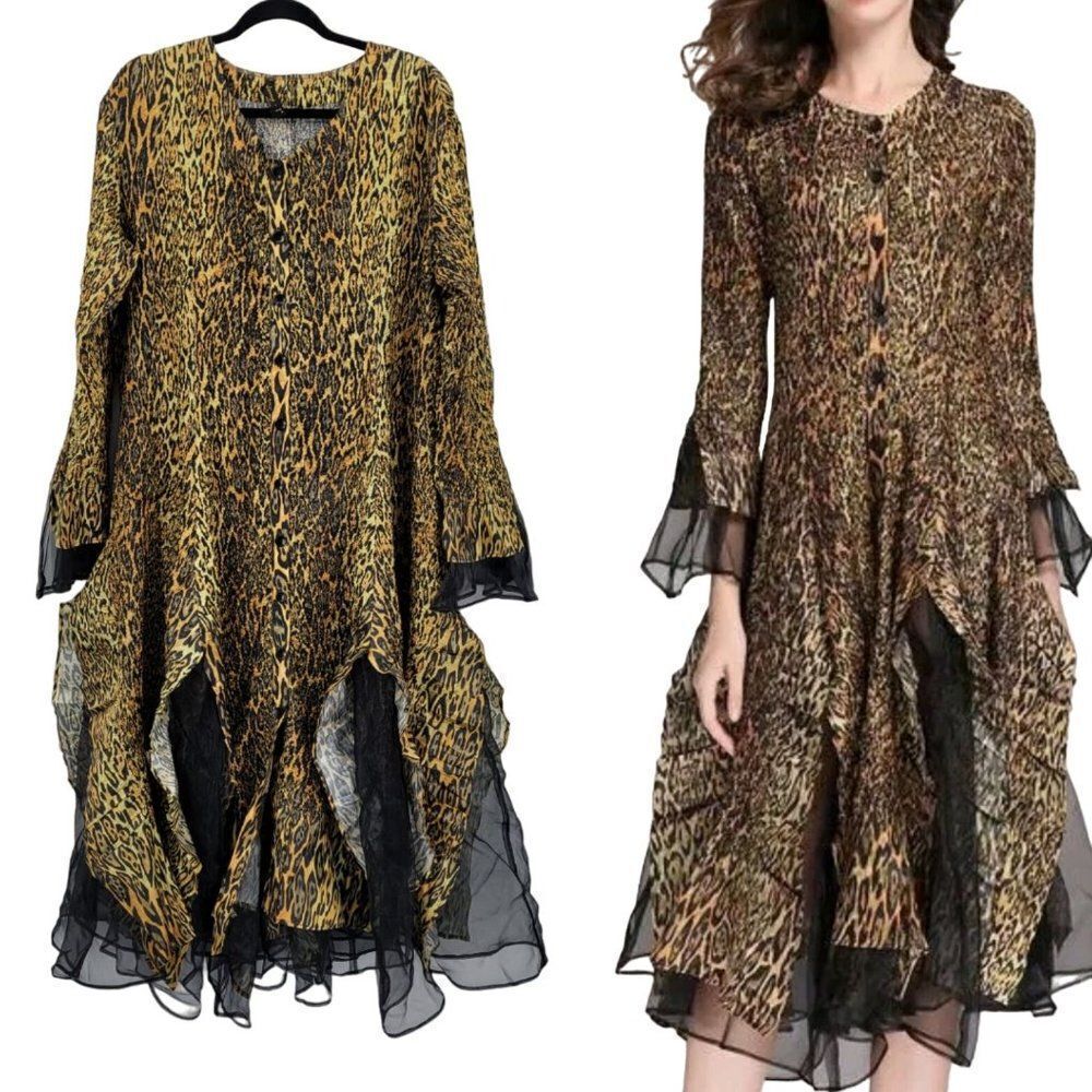 Jerry T Crinkle Stretch Handkerchief Midi Dress 2X Gold Black‎ Leopard Witchy
